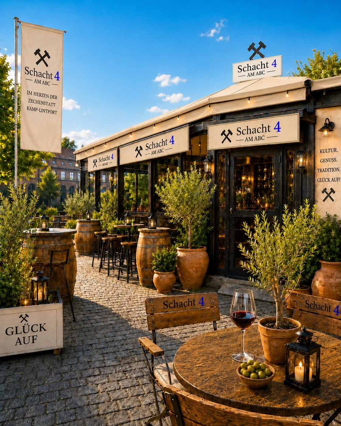Terrasse Schacht 4 am ABC am Abend — Weinfässer, Olivenbäume, Kerzenlicht und mediterrane Atmosphäre